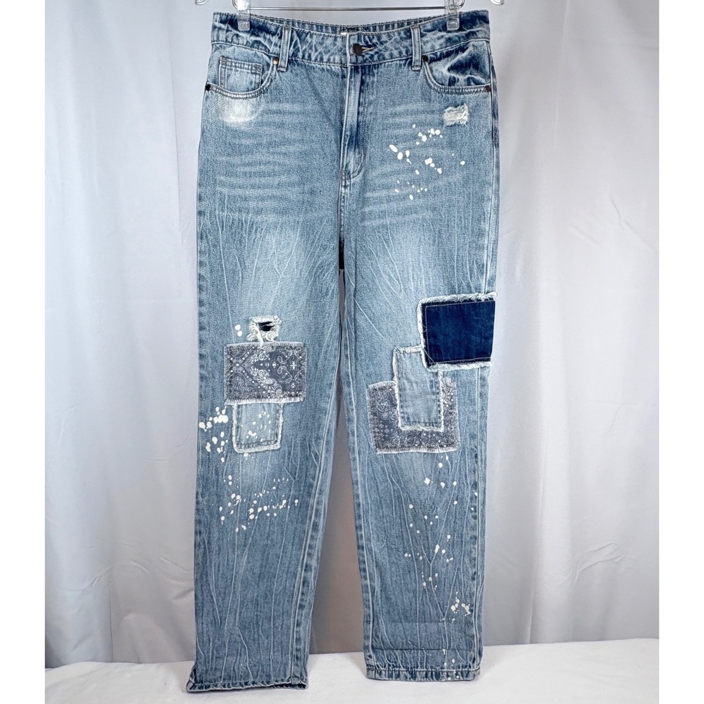 Easel LA Patches Patchwork Paint Splatter Distressed Jeans Light Wash L Boho